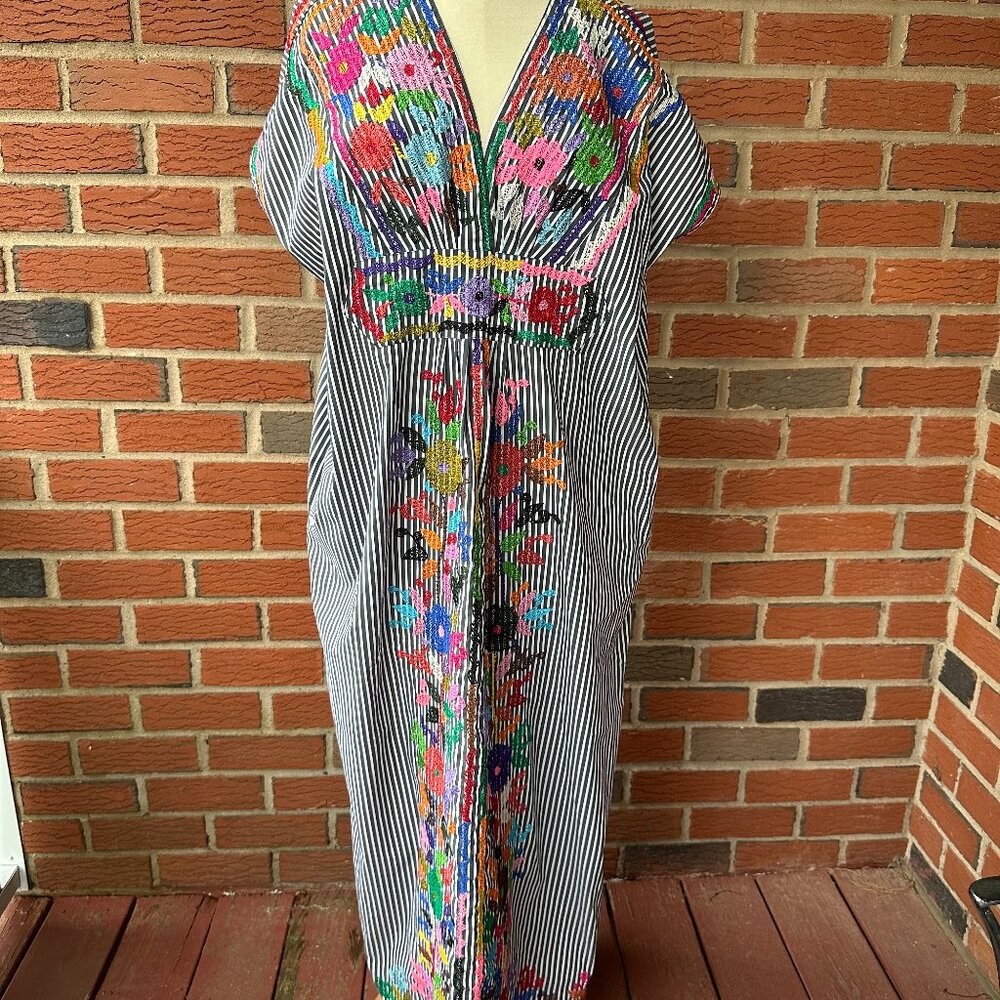 P.A.R.O.S.H Bright Colors Floral Embroidery on Black/White Stripe Maxi Dress -